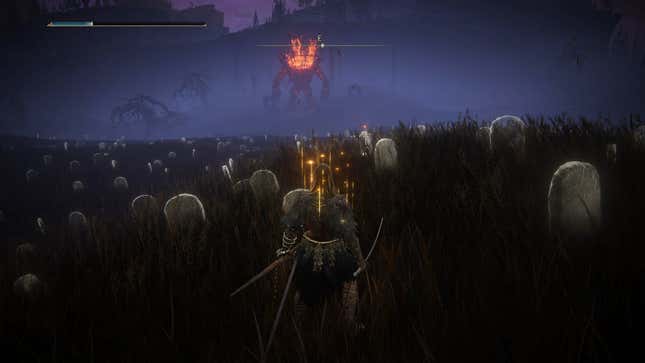 The Tarnished stands in an open field, a Furnace Golem looks on in the distance.