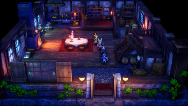 A screenshot of Dragon Quest III HD-2D. Four characters are in a dimly lit fantasy house at night. The main character’s mother stands by a table near the center of the room.