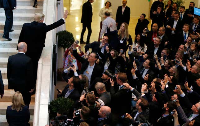 US president Donald Trump waves after arriving at the World Economic Forum in Davos, Switzerland.