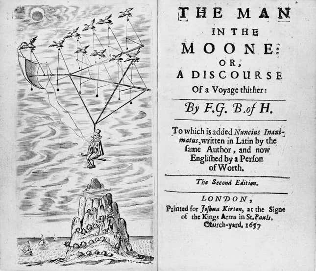 Francis Godwin'in Man in the Moone kitabının ikinci baskısının ön kapağı ve başlık sayfası.