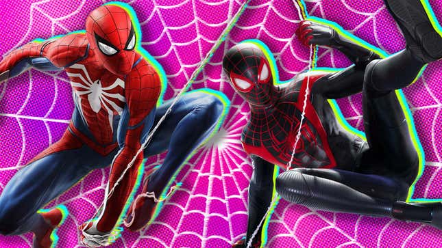 Spider-Men swinging together Image: Marvel / Sony / Streamers Visuals