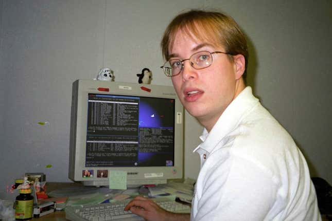 Paul Buchheit, the former Google engineer who created Gmail, works at the company&#39;s offices in Mountain View, Calif., in Dec. 10, 1999. Buchheit was the 23rd employee hired at Google, a company that now employs more than 180,000 people. (April Buchheit via AP)