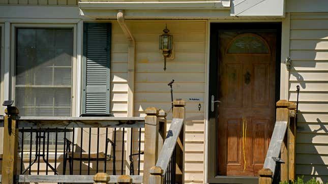 Dried egg is seen on the front of a house, Monday, April 17, 2023, where 16-year-old Ralph Yarl was shot Thursday after he went to the wrong address to pick up his younger brothers in Kansas City, Mo. 