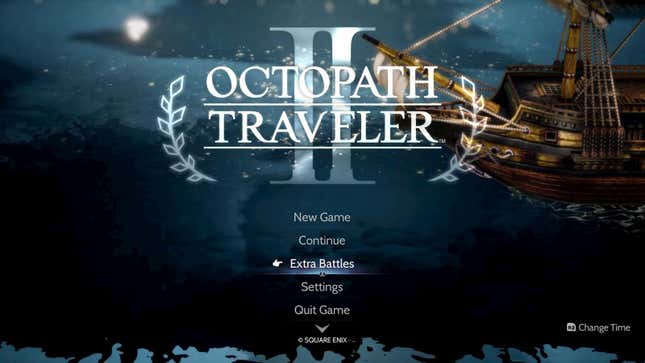 An Octopath Traveler II title screen with the option Extra Battles highlighted