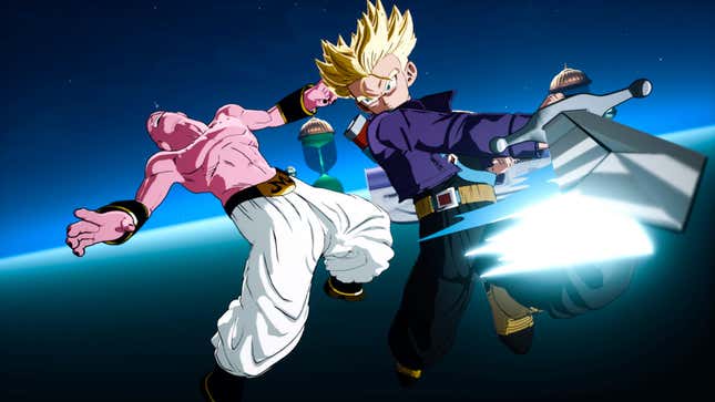 Trunks del futuro corta a Super Buu con su espada en el mapa de la Cámara del Tiempo Hiperbólica. 