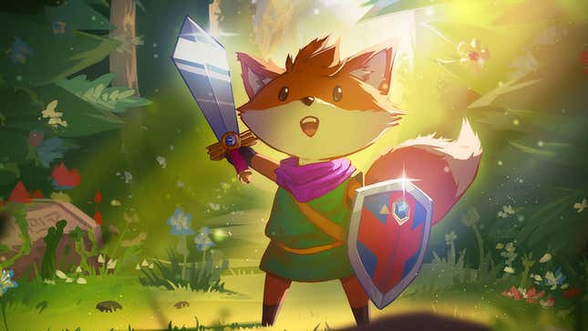 A fox holds a sword and a shield in Tunic on Xbox Game Pass.