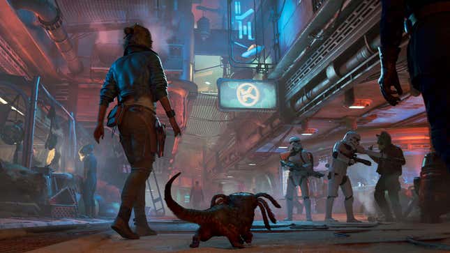 An image shows Vess and her pet walking toward some Stormtroopers. 