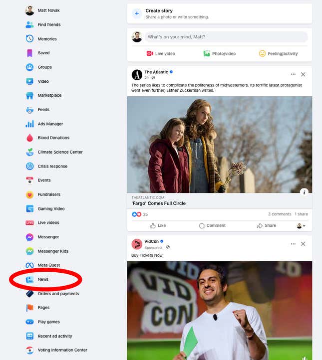 A screenshot of Facebook as it exists today, with the News tab circled in red.

