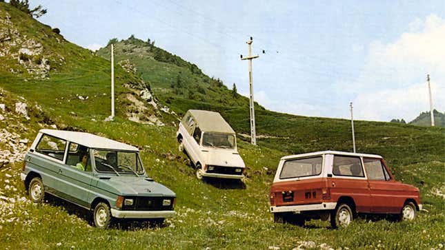 A photo of three Aro 10 SUVs driving off-road. 