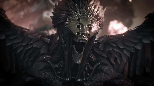 A Stellar Blade enemy wearing a mask screams at something off-screen.