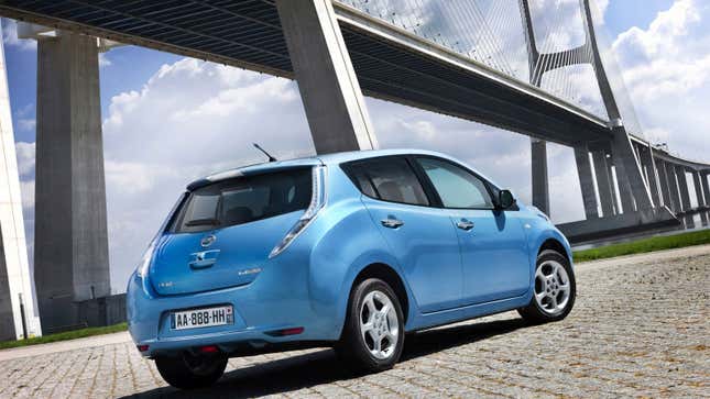 A photo of a blue Nissan Leaf electric hatchback. 