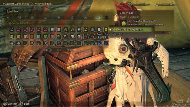 The View/Sell Items menu, highlighting the Sell All Trade-in Materials option.
