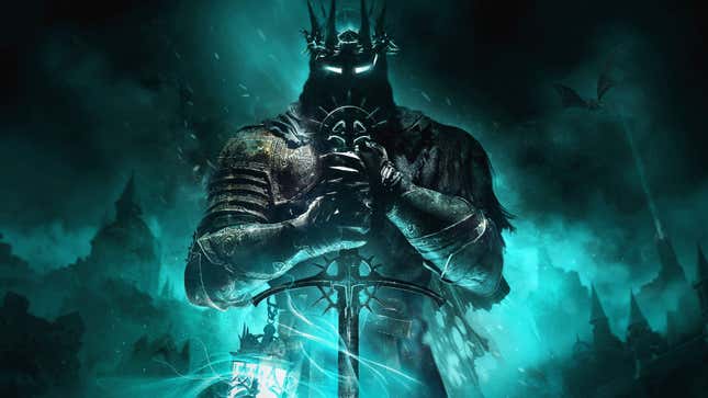 Lords of the Fallen key art shows a man in armor with a big ol' sword. 