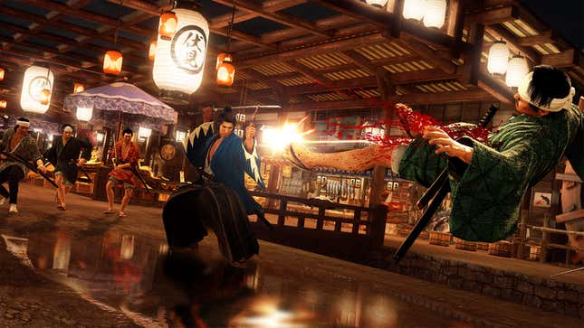 A samurai shoots a man at a train station. 