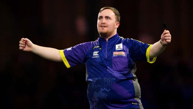 Luke Littler reacts after victory over Rob Cross (not pictured) on day fifteen of the Paddy Power World Darts Championship at Alexandra Palace, London.