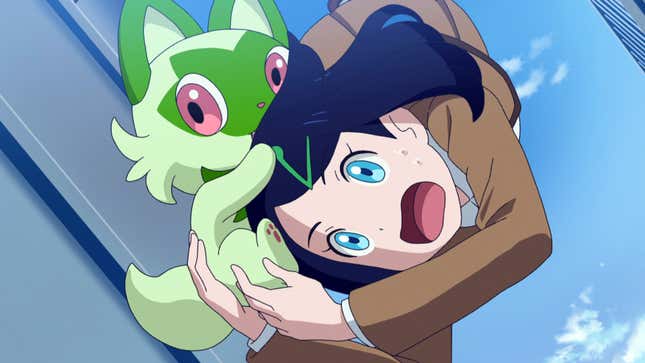 The Pokémon anime's new protagonist, Liko, is falling from the sky with the weed cat Sprigatito latched to her hair.