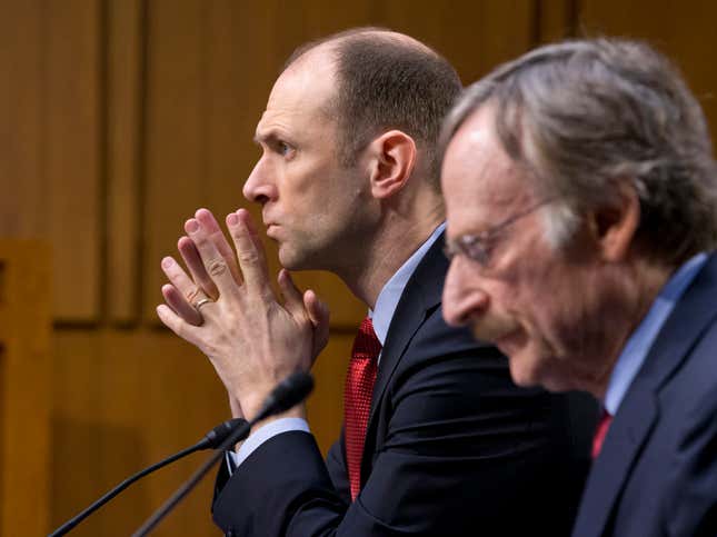 FILE - Austan Goolsbee, left, then Council of Economic Advisers Chairman, testifies on Capitol Hill in Washington on Feb. 28, 2013. Now president of the Federal Reserve Bank of Chicago, Goolsbee said in an interview with The Associated Press that the economy was still on what he calls the &quot;golden path,&quot; another term for what economists call a &quot;soft landing,&quot; in which inflation returns to the Fed&#39;s 2% target without an economic crash. (AP Photo/J. Scott Applewhite, File)