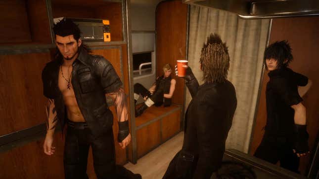 Characters in Final Fantasy XV wearing all-black outfits gather in an RV as one of them holds up a red cup of steaming coffee.