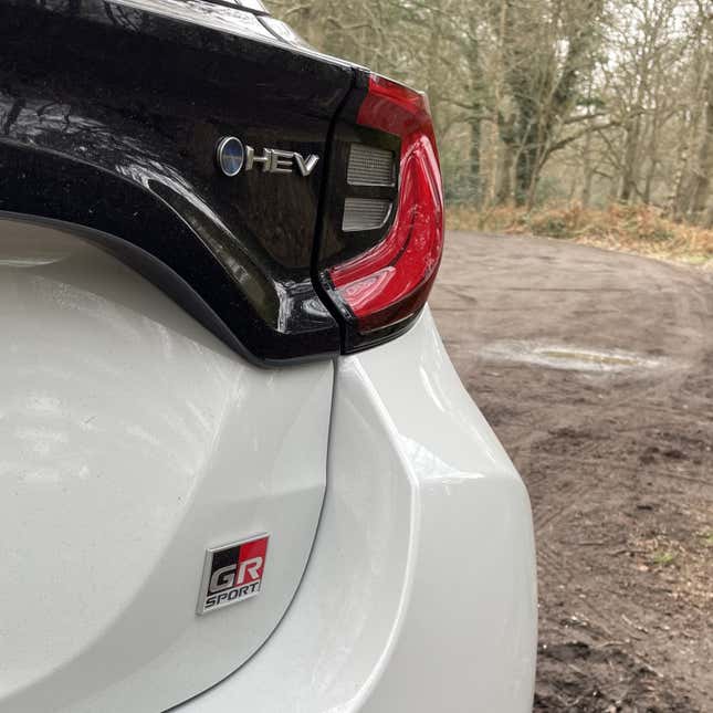 A photo of the tail light on a white Toyota Yaris GR Sport. 