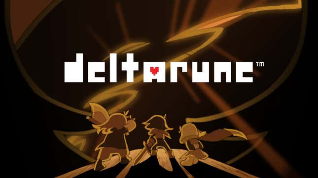 The Deltarune logo hovers above three characters walking toward something with weapons drawn.