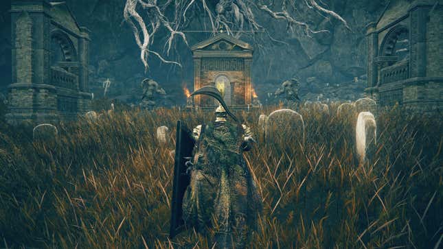 An Elden Ring player stands before a mausoleum in an overgrown graveyard.