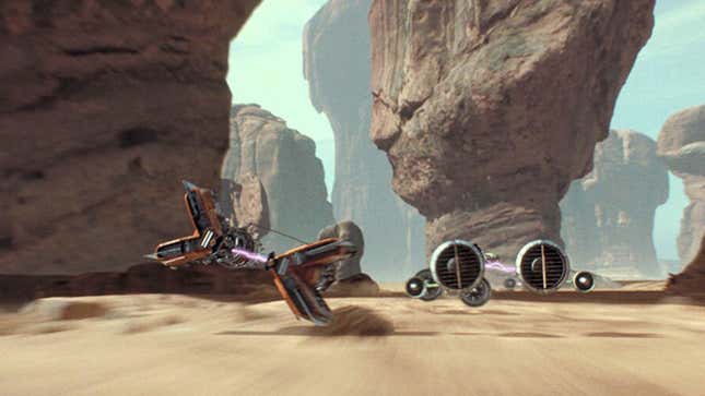 Two podracers duke it out in a canyon. 