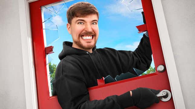 YouTuber Jimmy "MrBeast" Donaldson grimaces at the camera while opening a red door through a broken window.