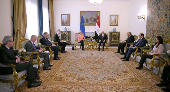 In this photo provided by Egypt&#39;s presidency media office, Egyptian President Abdel-Fattah el-Sissi, centre right, meets European Commission president Ursula Von der Leyen, centre left, and her delegations at the Presidential Palace in Cairo, Egypt, Sunday, March 17, 2024. (Egyptian Presidency Media Office via AP)