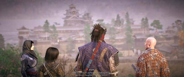 Yasuke and Naoe, along with others, look out at a feudal Japanese castle.