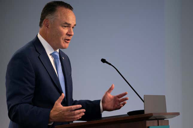 Mike Sommers, president of the American Petroleum Institute, speaks about American oil policy at the Hudson Institute in Washington, Wednesday, Oct. 18, 2023. (AP Photo/Nathan Howard)