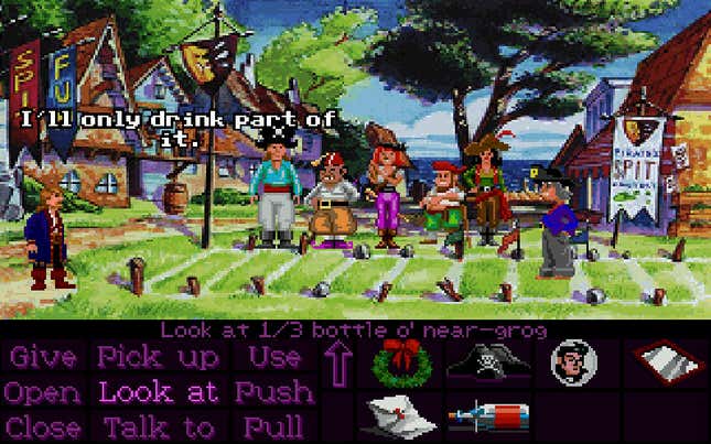 A screenshot of Monkey Island 2, showing Guybrush attempting to spit.