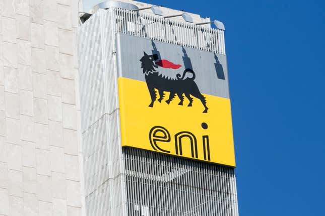 close up of an Eni S.p.A. logo on a sign on an office building