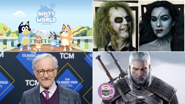 Bluey's World image, Beeltejuice 2 characters, Steven Spielberg, and the Witcher