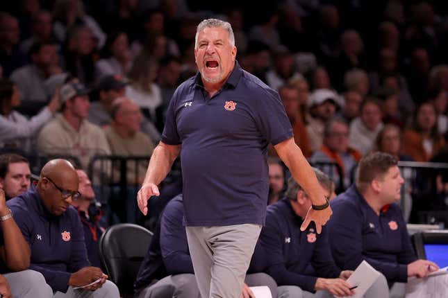Nov 17, 2023; Brookyln, NY, USA; Auburn Tigers head coach Bruce Pearl coaches against the St. Bonaventure Bonnies during the first half at Barclays Center.