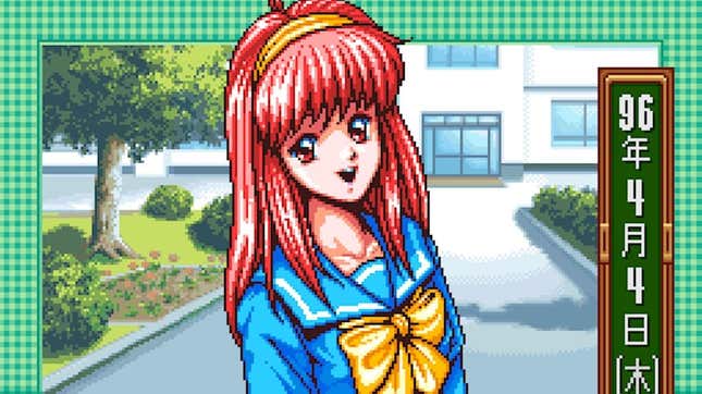A girl with pink hair stands in front of the player