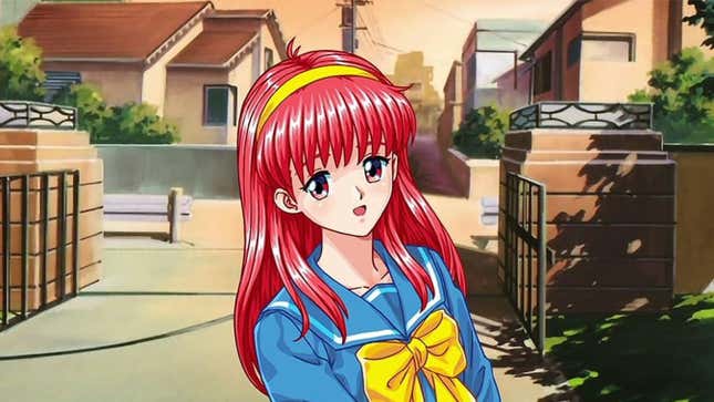 A pink-haired girl wearing a high school uniform smiles at the camera