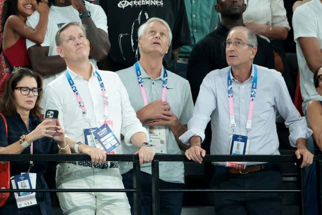 President of Comcast Michael J. Cavanagh, CEO of Nike John Donahoe, CEO of Comcast Brian L. Roberts at the Olympic Games in Paris. 