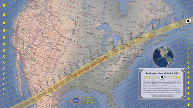 Este mapa muestra la trayectoria de la totalidad y también el grado en que los eclipses parciales serán visibles en las áreas periféricas (como se indica a lo largo de los lados derecho e izquierdo).