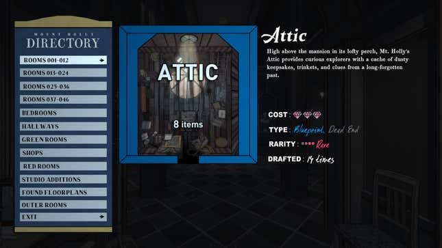 A screenshot from the Directory menu in Blue Prince. The Attic is selected.