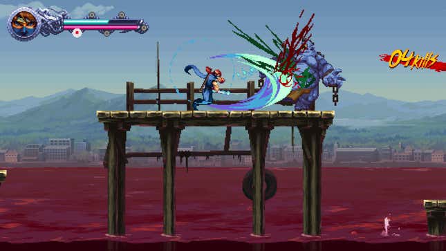 A gameplay screenshot shows a blue-clad ninja attacking a large blue monstrous figure of some sort on a wooden structure in the water. The water below (or blood?) seems to be tinged red, and in the distance are buildings and rolling hills. On the right side of the screen, energetic text announces, "04 KILLS."