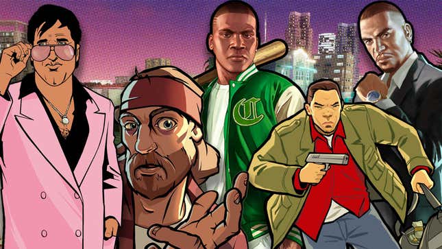A collage that shows various characters from past GTA games. 