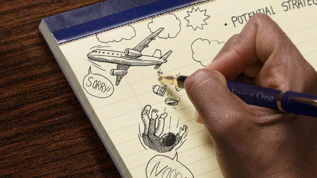 Image for article titled Bored Kamala Harris Doodles Cartoon Of Refugee Being Thrown Out Of Airplane In Margin Of Notes