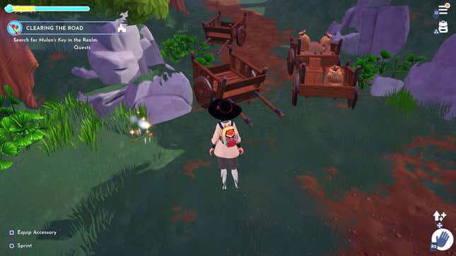 The player character in Disney Dreamlight Valley stands before some rocks, carts, and a sparkling key.