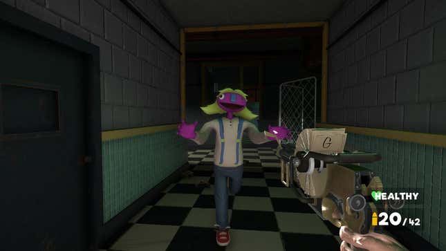 A purple Muppet-like runs down a corridor toward the player.