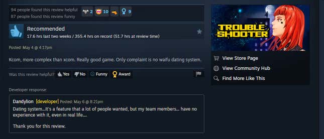 A screenshot shows the Steam review mentioned in the article. 