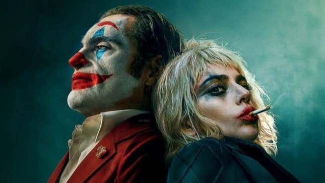 A movie poster shows the Joker and Harley Quinn