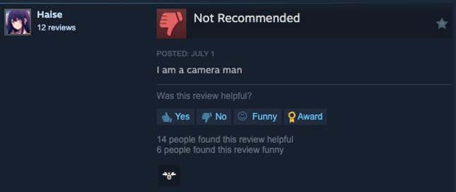 Steam review that reads "I am a camera man"