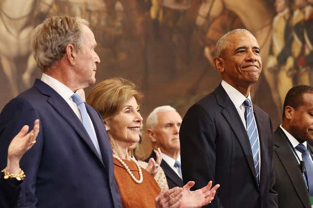 WASHINGTON, DC - JANUARY 20: (L-R) Former U.S. President George W. Bush, former first lady Laura Bush and former U.S. President Barack Obama arrive to the inauguration of U.S. President-elect Donald Trump in the Rotunda of the U.S. Capitol on January 20, 2025 