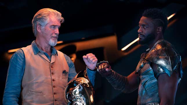(from left) Pierce Brosnan as Dr. Fate and Aldis Hodge as Hawkman in Jaume Collet-Serra’s Black Adam.
