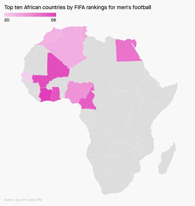 Map showing that the top ten African football teams for men are in north and west Africa.